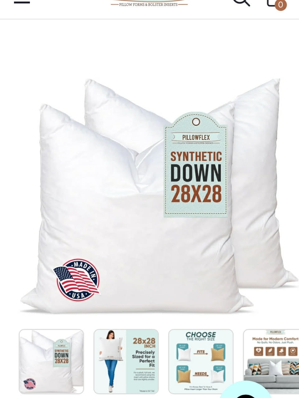 Synthetic Down 28x28 White Pillow Insert - Plush Support